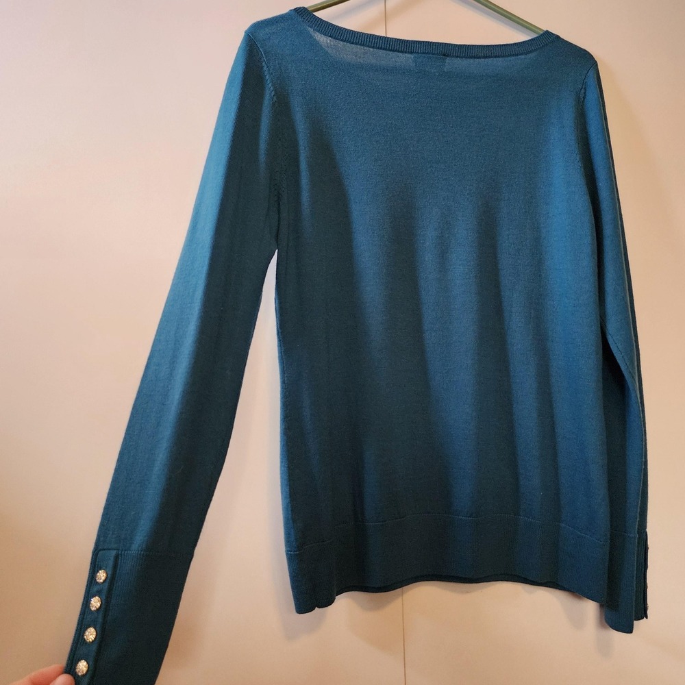 Talbots Teal Merino Wool Rhinestone Button Cuff Sweater Womens Large Pullover